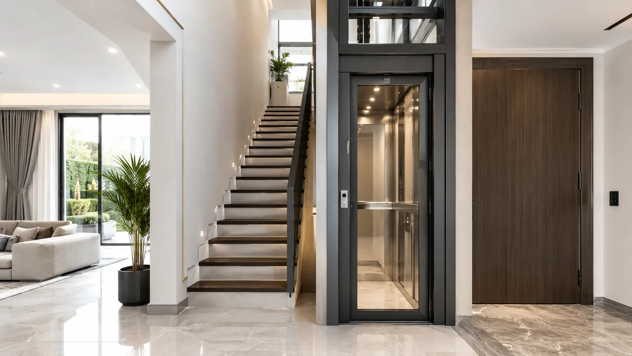 Compact home elevator beside staircase